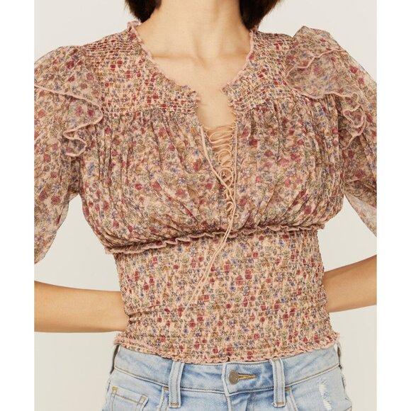 Free People Beatrice Smocked Pullover Top in Brown Pink Floral Sz SM - Picture 1 of 12